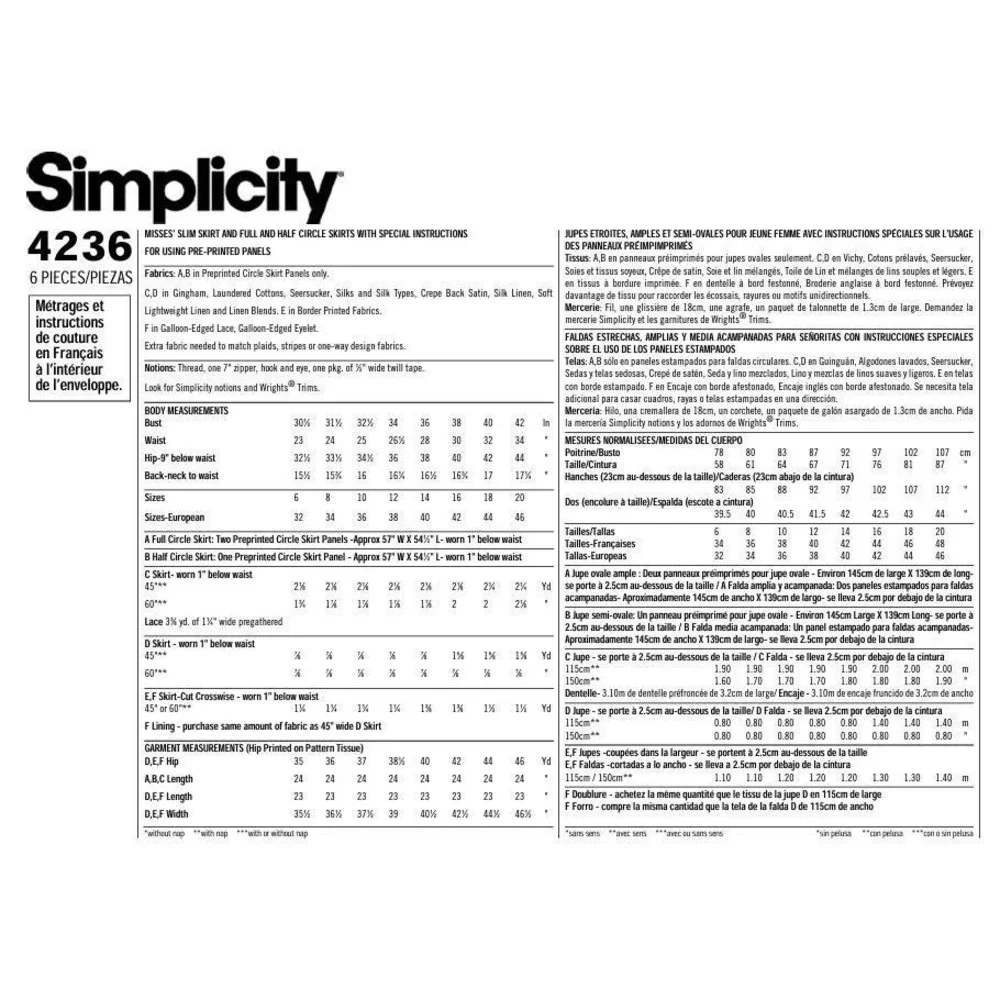 Simplicity Sewing Pattern‎ 4236 Skirts 6 Styles Easy Misses Size 12-20